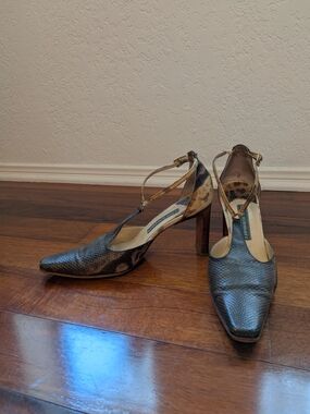Leopard-Accent T-Strap Heels in Black and Tan